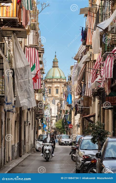 Typical Italian Narrow Street In Old Town Of Palermo Sicily Editorial