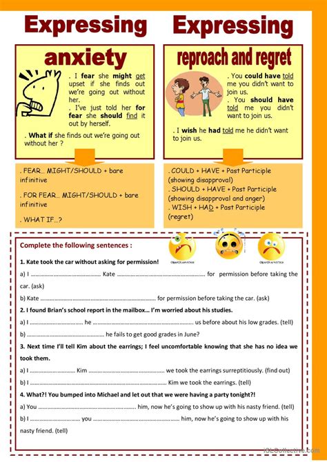 Expressing Fear Reproach And Regret English Esl Worksheets Pdf And Doc