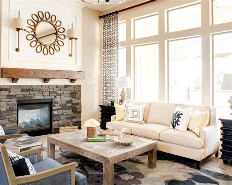 Gray And White Transitional Rustic Living Room With Fireplace