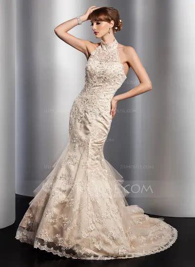 Trumpetmermaid High Neck Chapel Train Tulle Wedding Dress With Lace