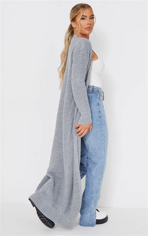 Light Grey Maxi Knitted Cardigan Knitwear Prettylittlething Ksa