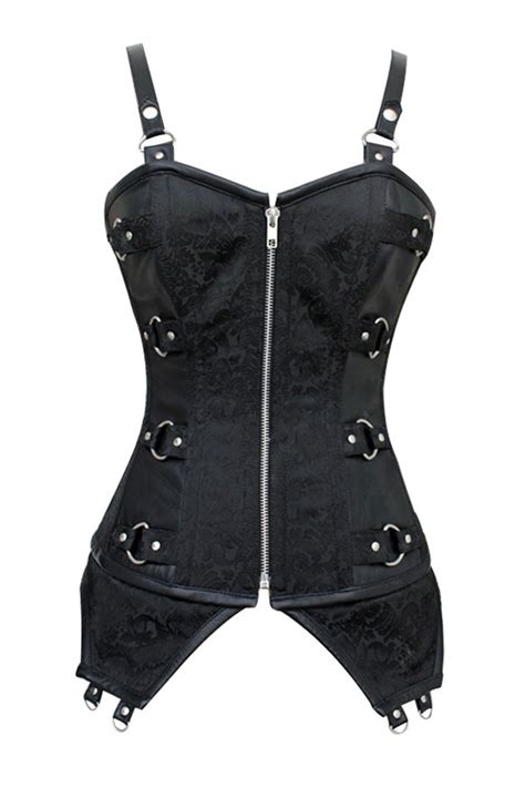 black jacquard and faux leather zip front long steampunk corset set s~xxl pleather corsets