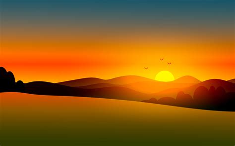 Flat Illustration Of Sunrise Or Sunset With Hills And Meadow 6326631