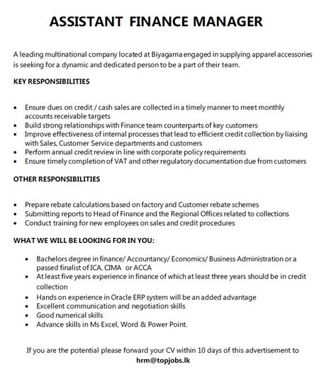 See our free finance manager job description & sample template detailing the role and responsibilities of a finance manager. Assistant Finance Manager