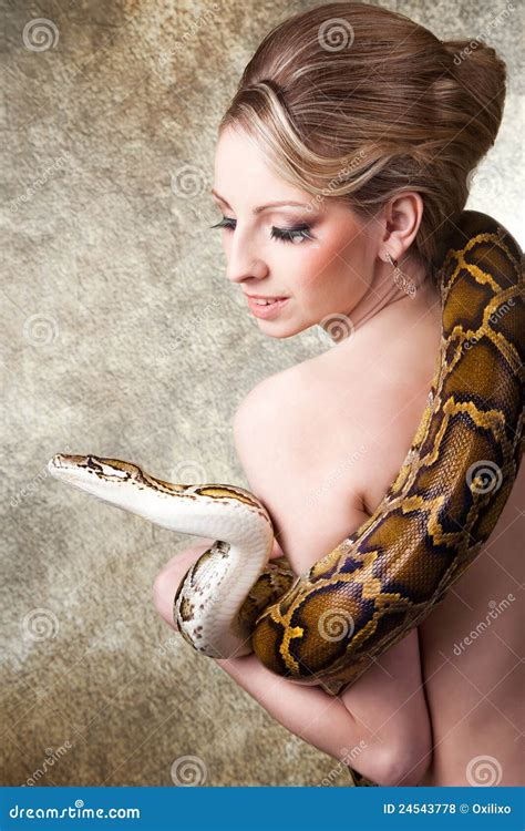Attractive Blond Woman With Python On Grey Stock Photo Image Of