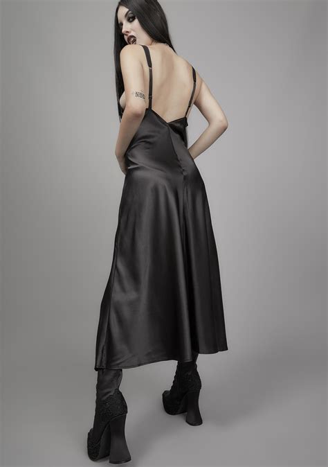 Widow Satin Midi Slip Dress With Lace Trim Black Dolls Kill