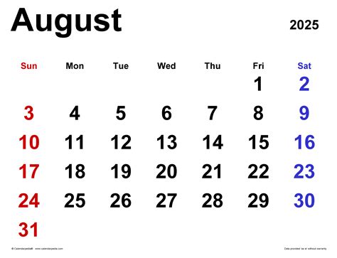 August 2025 calendar