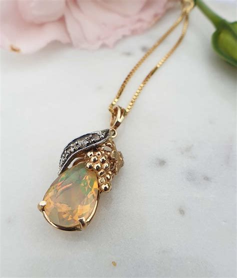 Nature Inspired 14ct Yellow Gold Diamond And Iridescent Opal Necklace