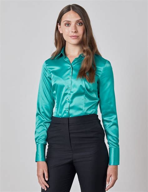 plain satin stretch women s fitted shirt with single cuff in jade hawes and curtis uk in 2021