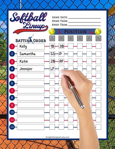 Printable Softball Lineup Card Field Softball Position Board Etsy