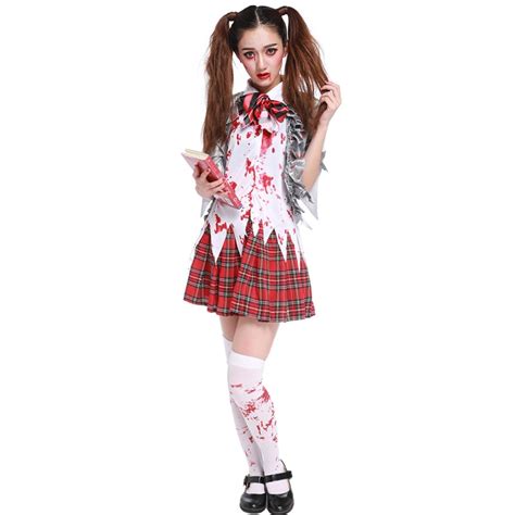 Halloween Women Scary School Girl Cosplay Costume Blood Stain Zombies