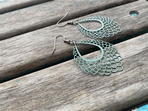 Teal Green Earrings Scalloped Detail Teardrop Unique And Lightweight