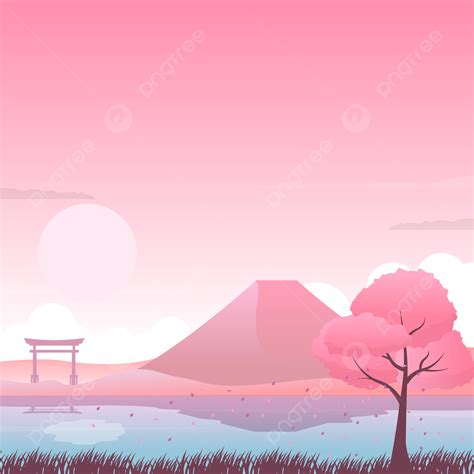 Pink Japanese Landscape Vector Illustration With Fuji Mountain Cherry