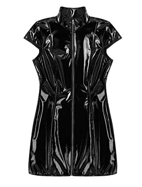 Buy Yeahdor Womens Cap Sleeve Zip Up Mini Dress Wetlook Pvc Leather