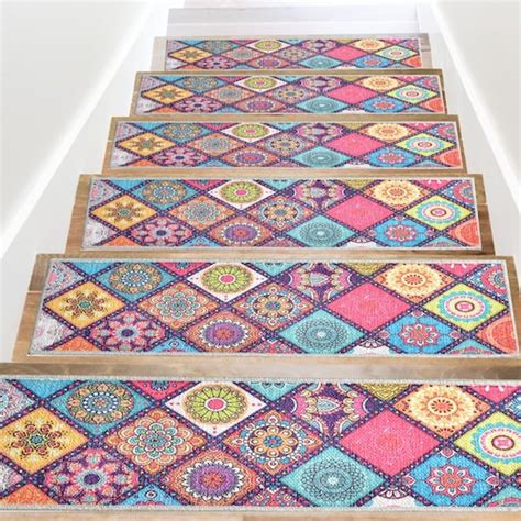 Colorful Boho Stair Rug Diamond Stair Treads Carpet Non Slip Etsy