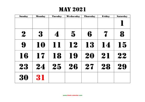 Free Download Printable May 2021 Calendar Large Font Design Holidays