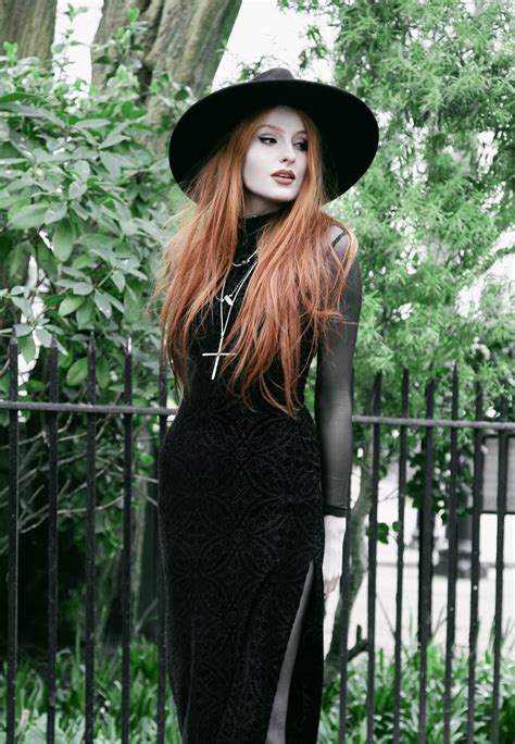 Olivia Emily Wears Killstar Witch Brim Hat Black Milk Burned Velvet Reaper Dress Over American