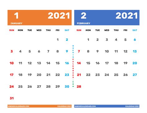 Printable Calendar January And February 2021 12 Templates