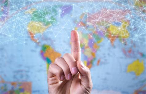 Male Hand Touching In Network On World Map Background Stock Image