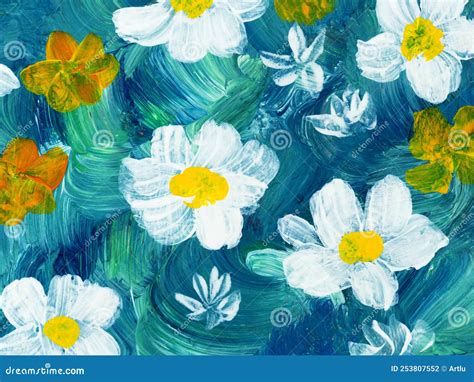 Abstract Painting White Flowers On Green Original Hand Drawn