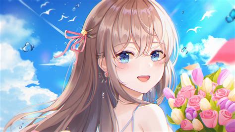 Download Wallpaper 2560x1440 Girl Smile Bouquet Flowers Anime Art