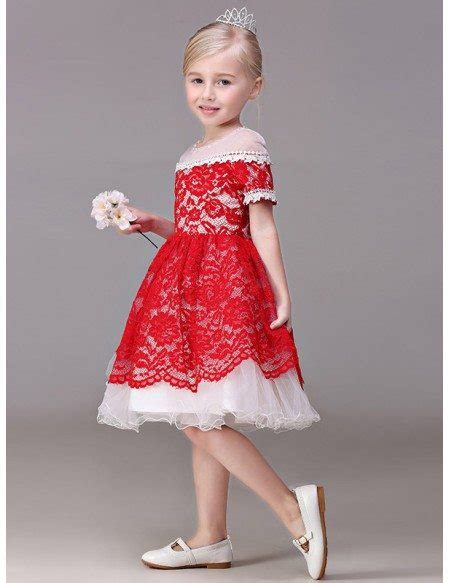 two tune white and red lace pageant dress with short sleeves gemgrace