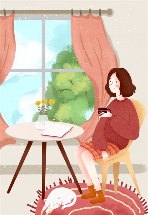 Cute Girl Drinking Coffee Recreation Cartoon Background Cute Girl