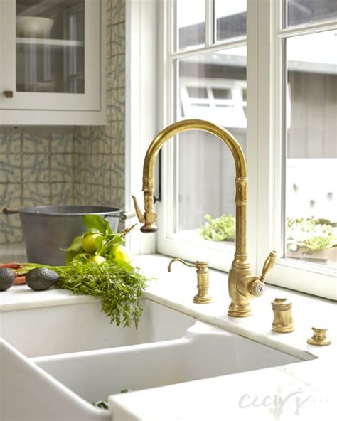 Feature:gold kitchen basin faucet holes: Dual Apron Sink and Gold Gooseneck Faucet - Cottage - Kitchen