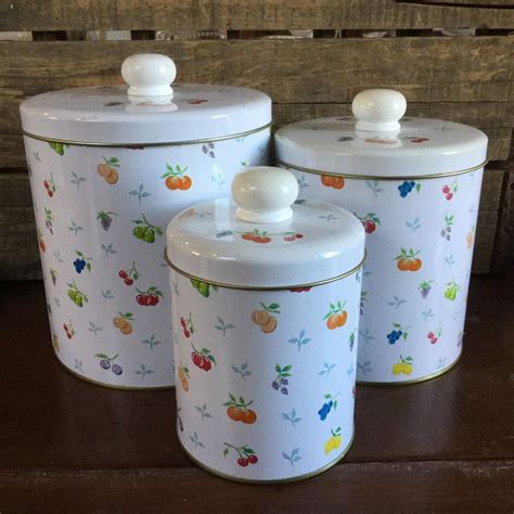 Vintage Kitchen Canister Set Of 3 Tin Canisters Fruits Etsy