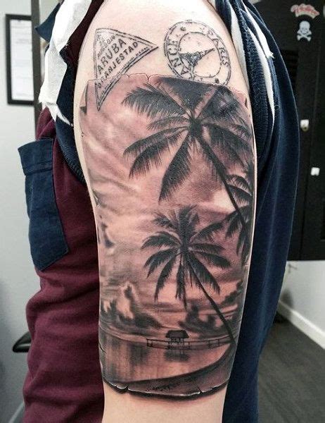 Mens Traveling Stamps Beach Tattoo Design On Arm Red Ink Tattoos Map
