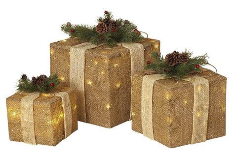 Set Of Large Lighted Burlap Holiday Gift Boxes Indoor Outdoor