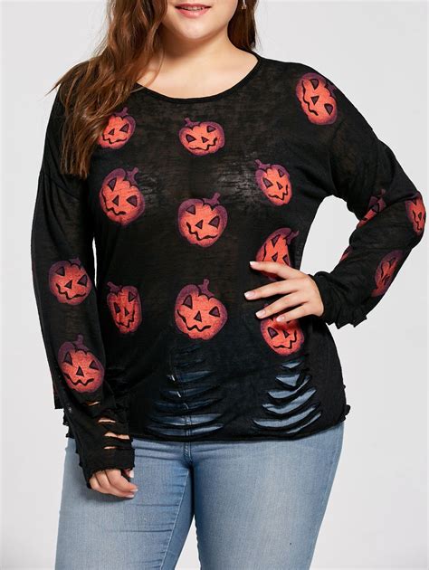 17 Off 2021 Plus Size Pumpkin Halloween Ripped Sweater In Black