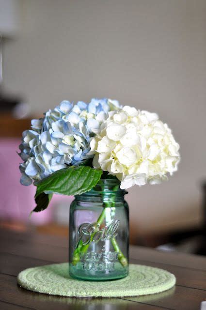Hydrangeas In Blue Mason Jar But Must Add White Sweetpeas