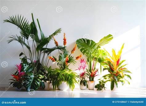 Group Of Different Types Of Plants In White Pots On White Wall