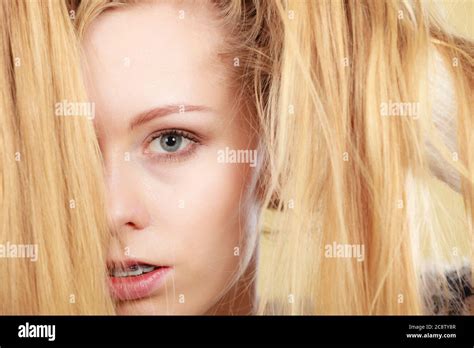 Haircare Hairstyling Bleaching Concept Blonde Woman Holding Her Long