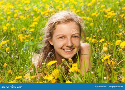 Portrait Of Beautiful Girl In The Green Grass Stock Image Image Of