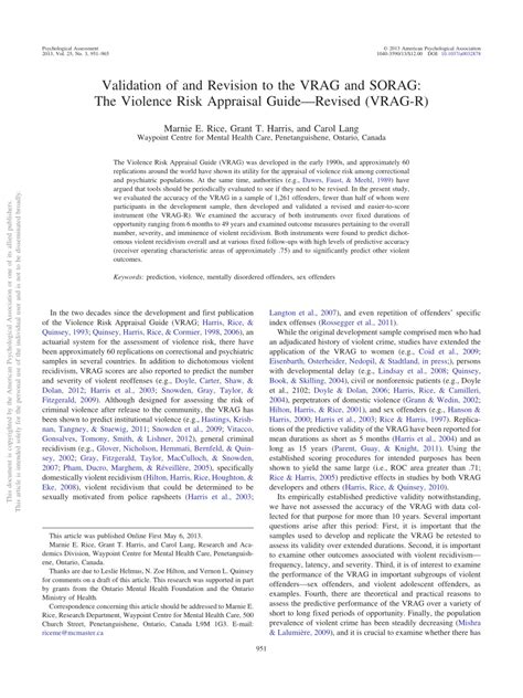 Validation Of And Revision To The Vrag And Sorag The Violence Risk