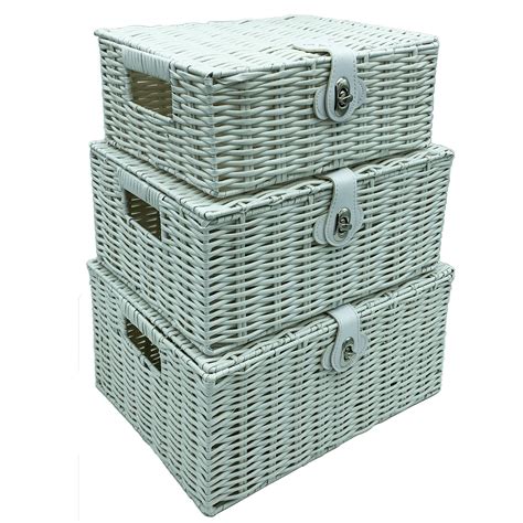 Faboer Set Of 3 Resin Wicker Woven Storage Baskets Hamper Box With Lid