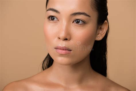 Naked Asian Woman Looking At Tooth Model On White Stock Photo Image