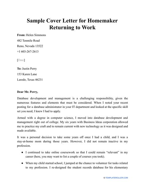Sample Cover Letter For Homemaker Returning To Work Download Printable