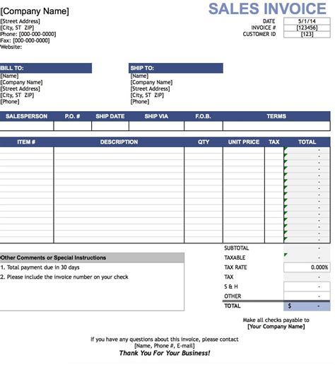 Sales Invoice Template For Excel Riset