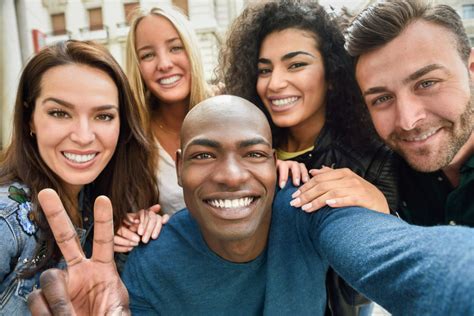 Multiracial Group Young People Taking Selfie Ama Minerais