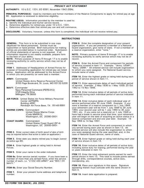 Dd Form 108 Application For Retired Pay Benefits Dd Forms