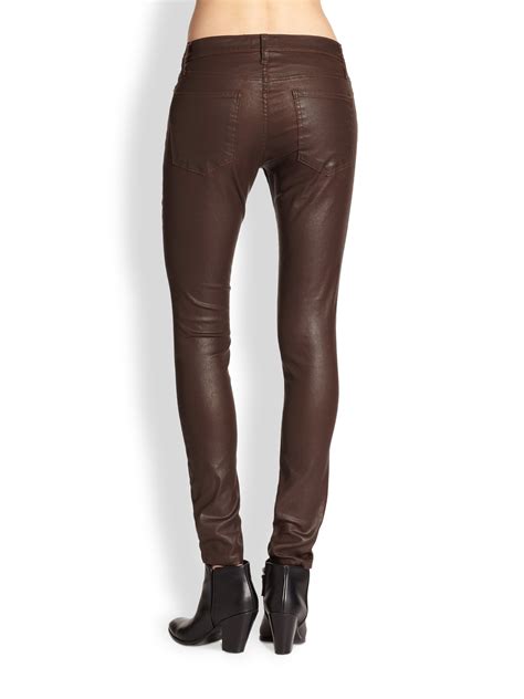 Current Elliott The Ankle Skinny Coated Jeans In Brown Lyst