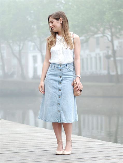 Midi Denim Skirt Ruffle Blouse Jean Pencil Skirt Outfit Long Jean Skirt Outfits Denim Midi