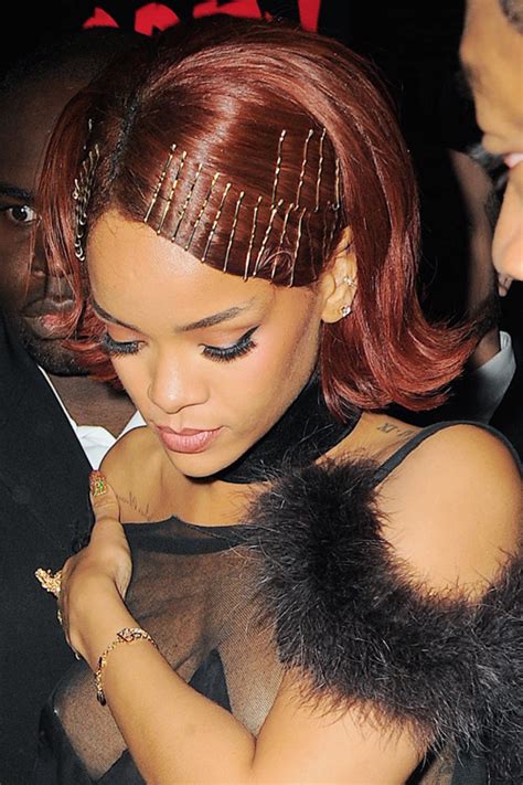 Rihanna Straight Auburn Bob Bobby Pins Hairstyle Steal