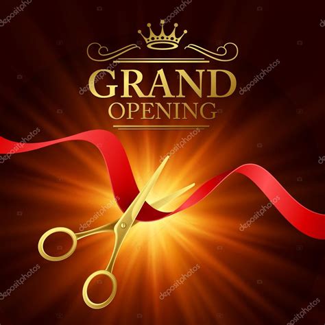Grand opening illustration with red ribbon and gold scissors — Stock ...