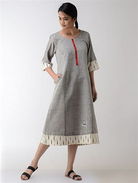 Buy Grey Ivory Ikat Khadi Cotton Dress Women Dresses Online At Women Dress Online