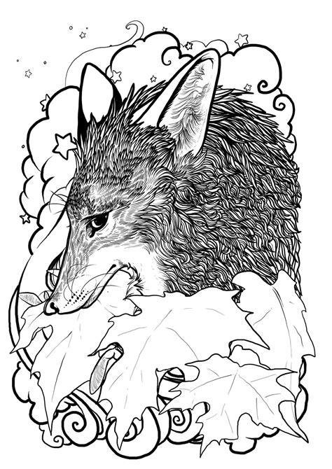 Autumn Fox Coloring Page Ink Drawing Digital Print Art Etsy