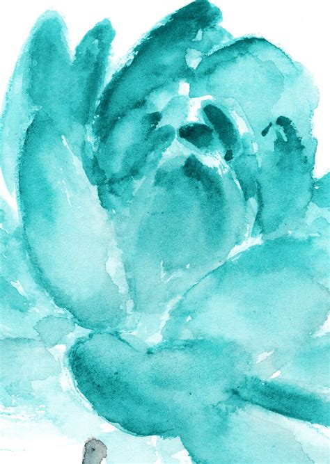 Lotus Flower Teal Watercolor Painting Abstract Flower Poster Etsy